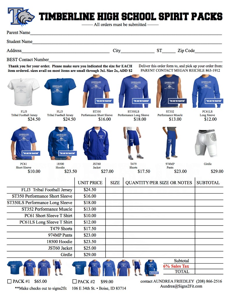 Timberline High School Spirit Packs Sample Flyer