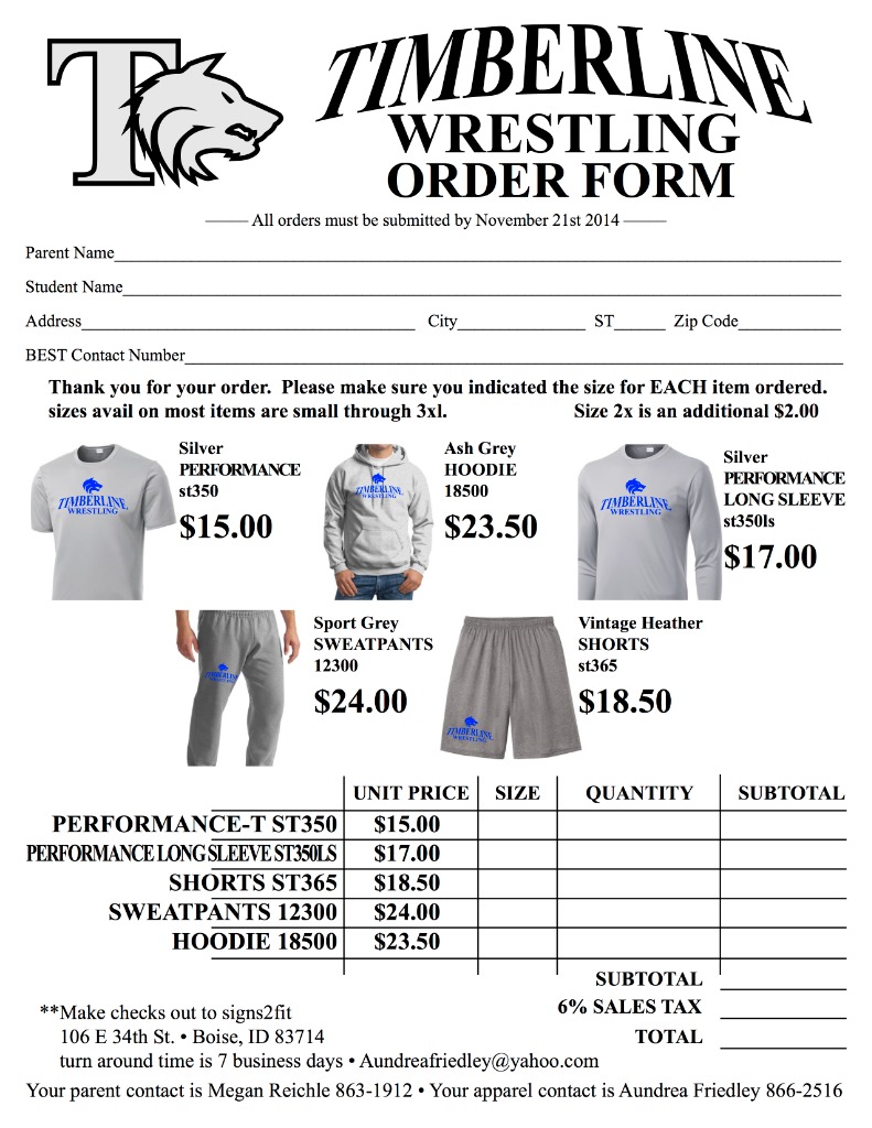 Timberline Wrestling Team Order Form